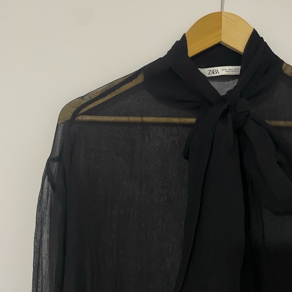 Zara - Sheer Chiffon Tie Neck Blouse Size M Black - Picture 3 of 7